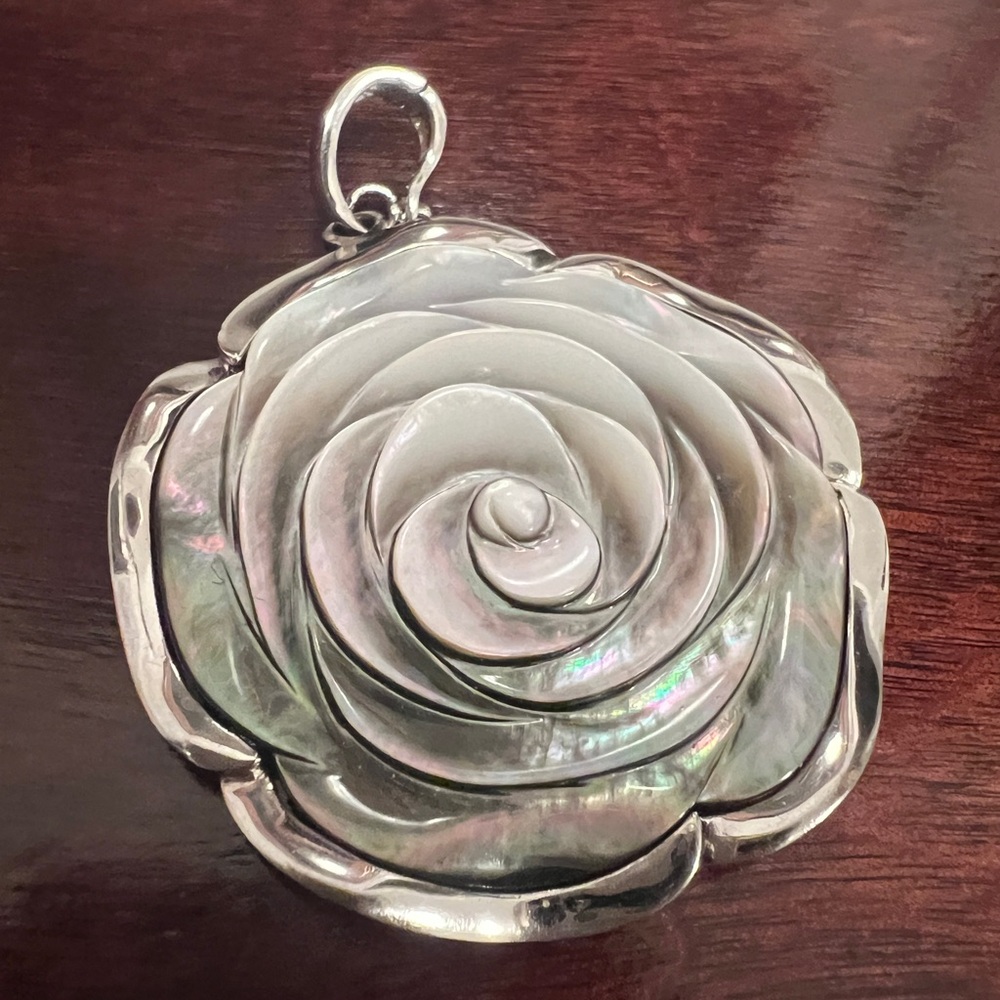 SX sterling Silver mother of pearl Rose flower Pendant / enhancer
